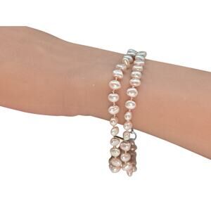 Pink Freshwater Pearl Double Strand Knotted Sterling Silver Clasp 8.25" Bracelet